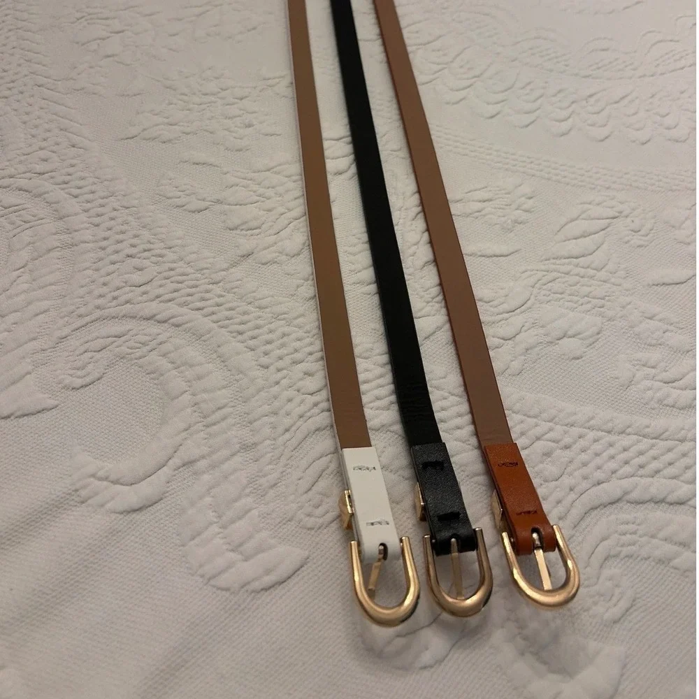 Set of 3 Skinny Faux Leather Belts Gold Horseshoe Buckle Black White Brown Sz 28